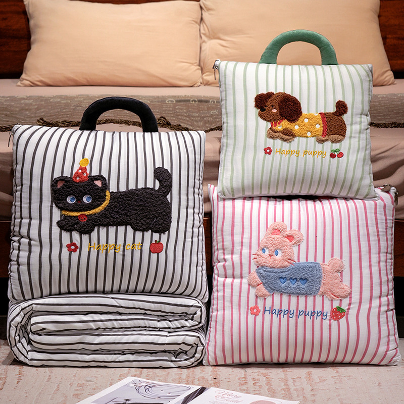 Travel Pillow Inflatable - Cartoon Striped Pillow Blanket 2-in-1 Air